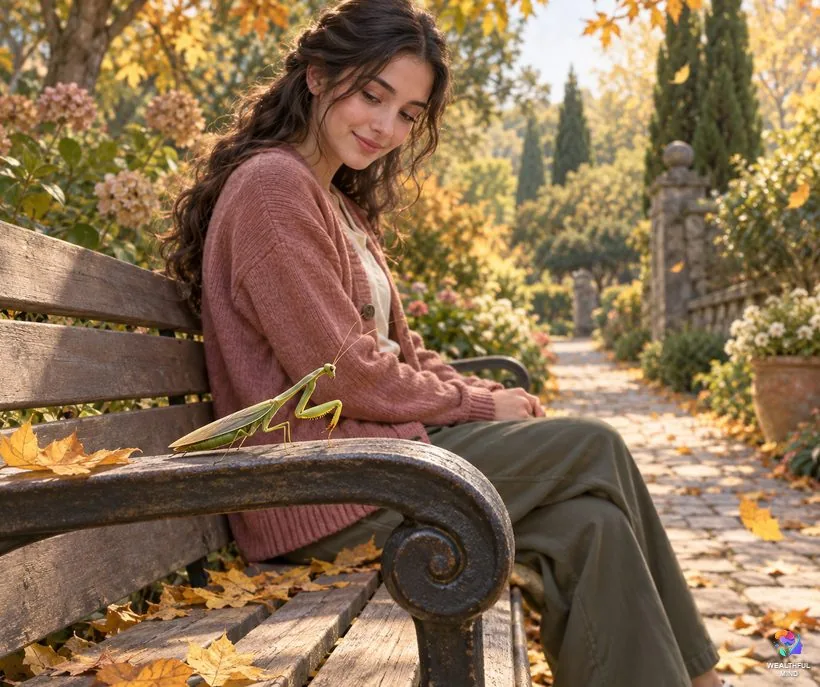 Praying mantis after a death: a young woman on a garden bench smiles softly at a green mantis resting beside her