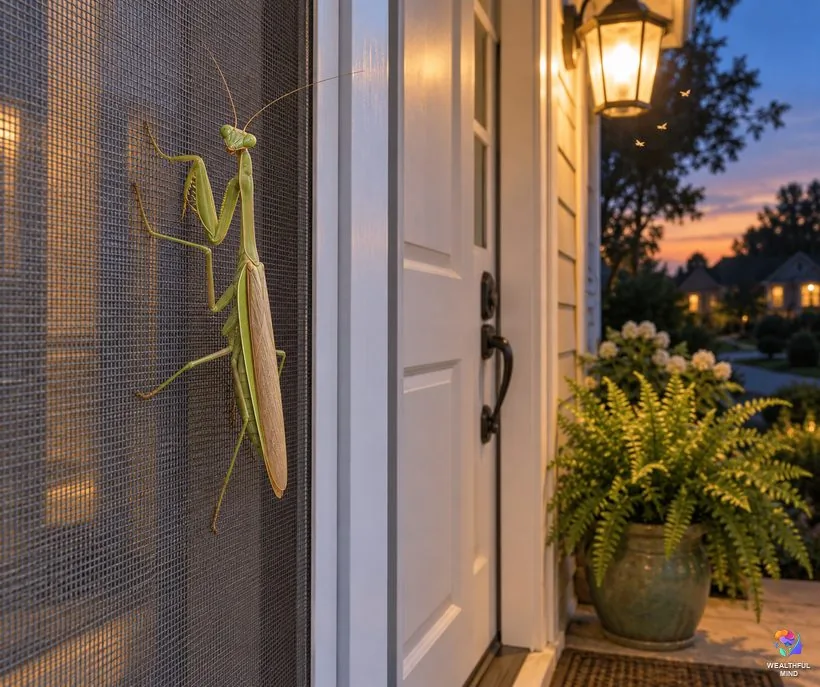 Praying mantis at your door or window: a green mantis on a window screen beside a front door under a porch light