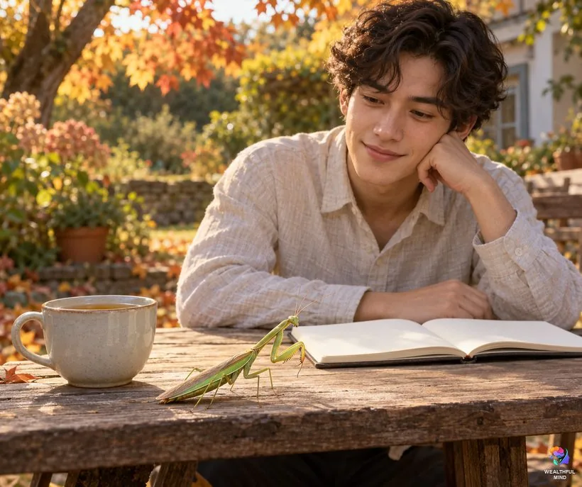 Praying mantis good luck or a warning: a young man looks calmly at a green mantis resting beside his tea