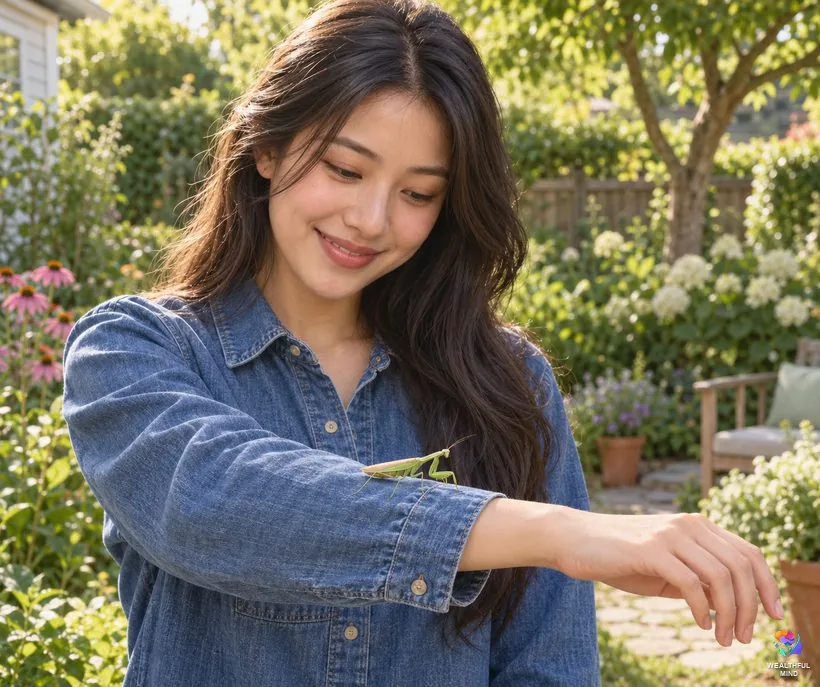 Praying mantis landing on you: a green mantis walks along a young woman's sleeve as she smiles in a garden