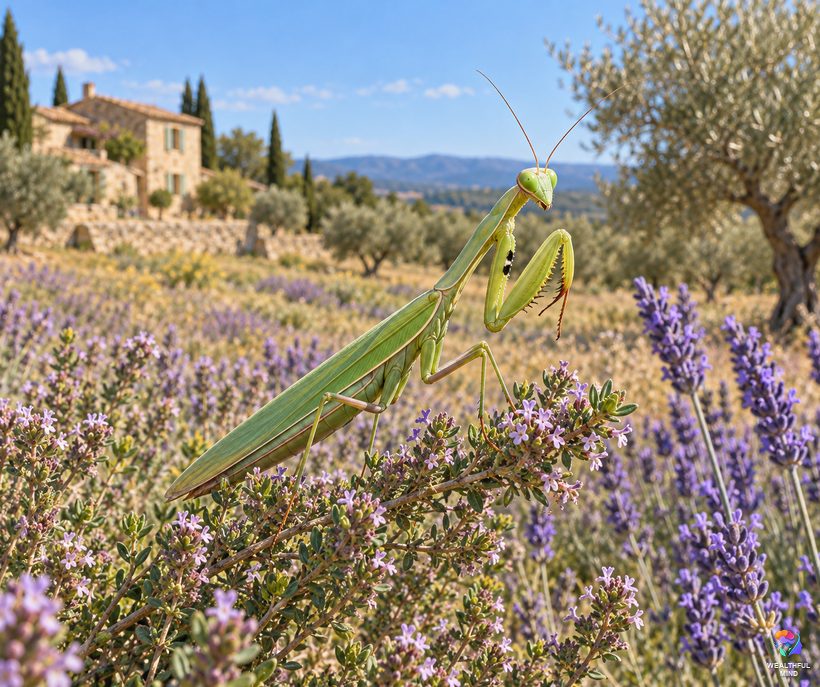 Praying mantis meaning origins: a European mantis with raised front legs in a Provence meadow of lavender and thyme