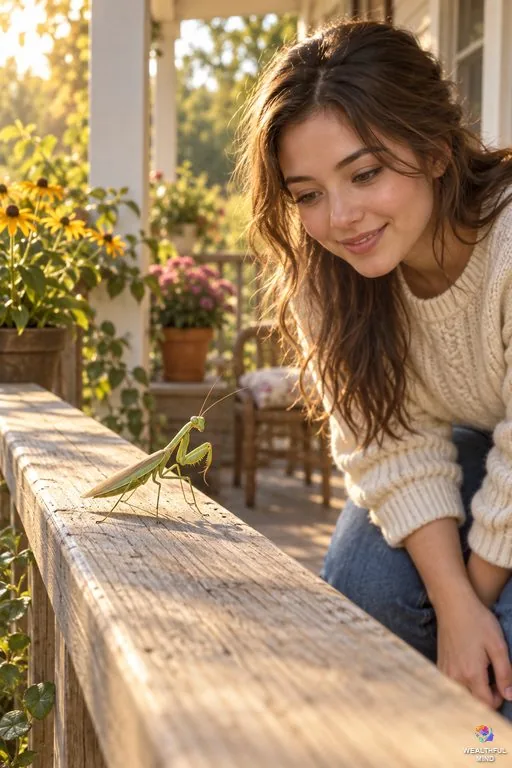 Praying mantis spiritual meaning: a green mantis on a porch rail turns its head toward a calm young woman