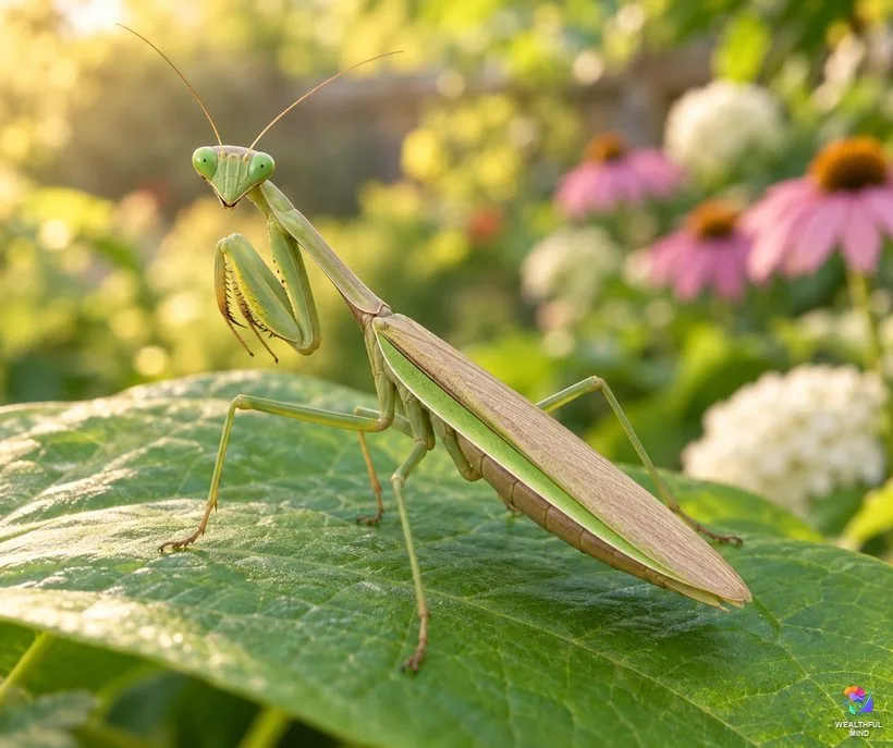 Praying mantis staring at you: a green mantis on a leaf turns its triangular head over its shoulder to look back