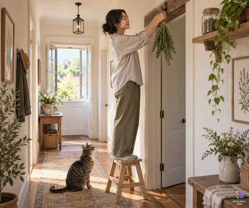 Keeping protection herbs safe: a woman hangs rosemary high above a door while her cat watches from below