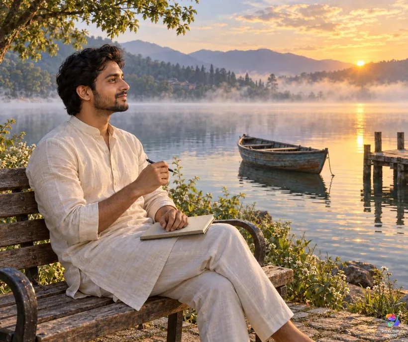 Quotes about leaving the past behind: a young man with a notebook by a misty lake at dawn