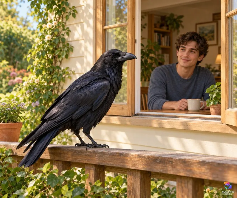 A raven at your window: a black raven on a porch railing while a young man watches calmly from inside