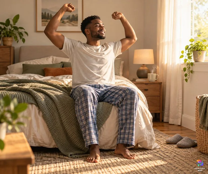 When the raven method doesn't work: a young man waking up rested and smiling in his own sunny bedroom