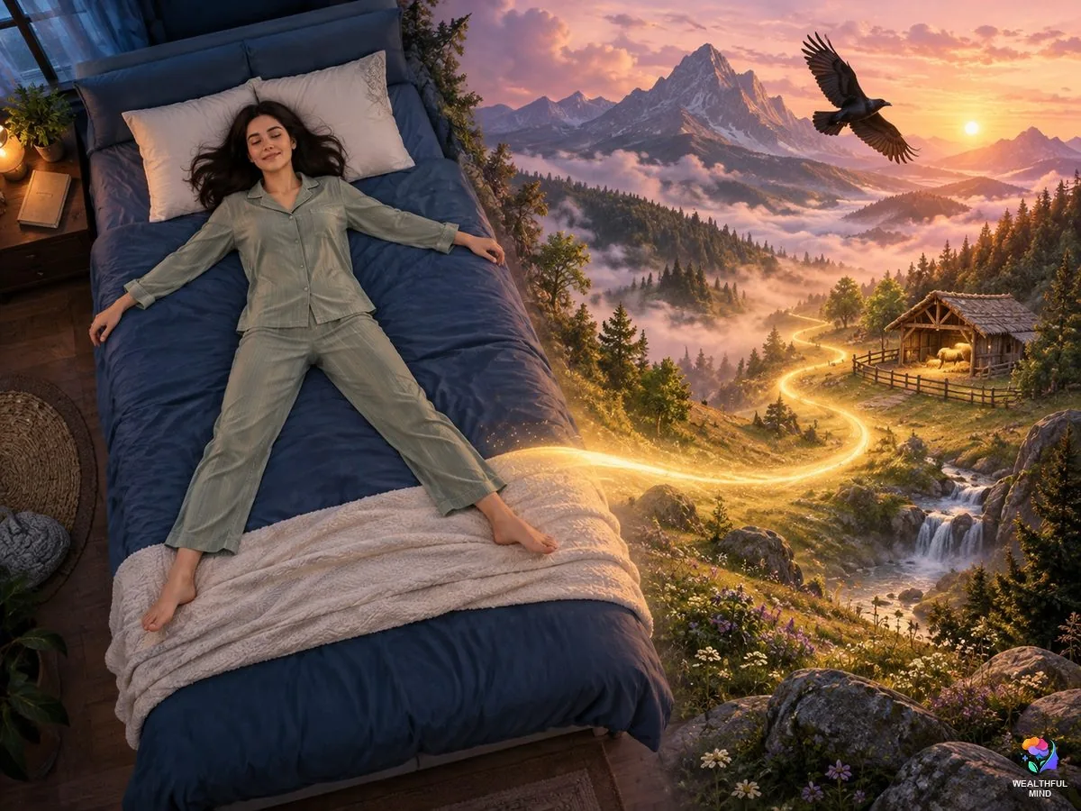 Raven method shifting: a young woman in the starfish position as a path of light leads to a mountain valley at dawn