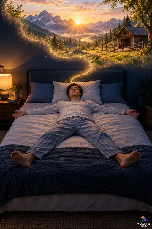 Raven method shifting: a young man lying in the starfish position as a glow above him opens onto a mountain valley at sunrise