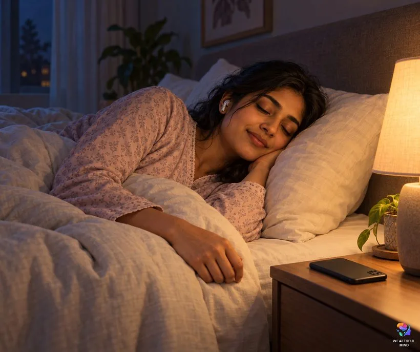 Raven method variations: a young woman counting with a guided recording and her script under the pillow