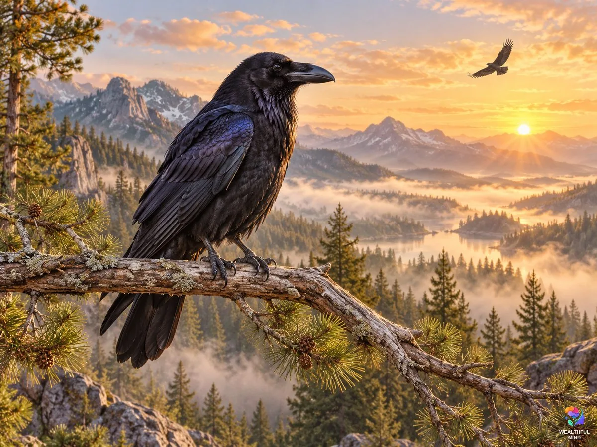 What a raven means: a black raven on a pine branch at sunrise with a second raven soaring behind
