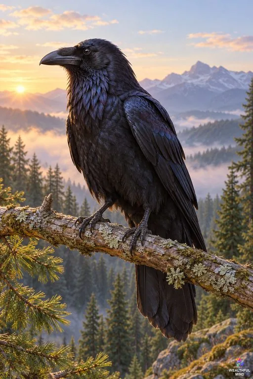 Raven spiritual meaning: a glossy black Common Raven with a thick bill and shaggy throat perched on a misty pine branch