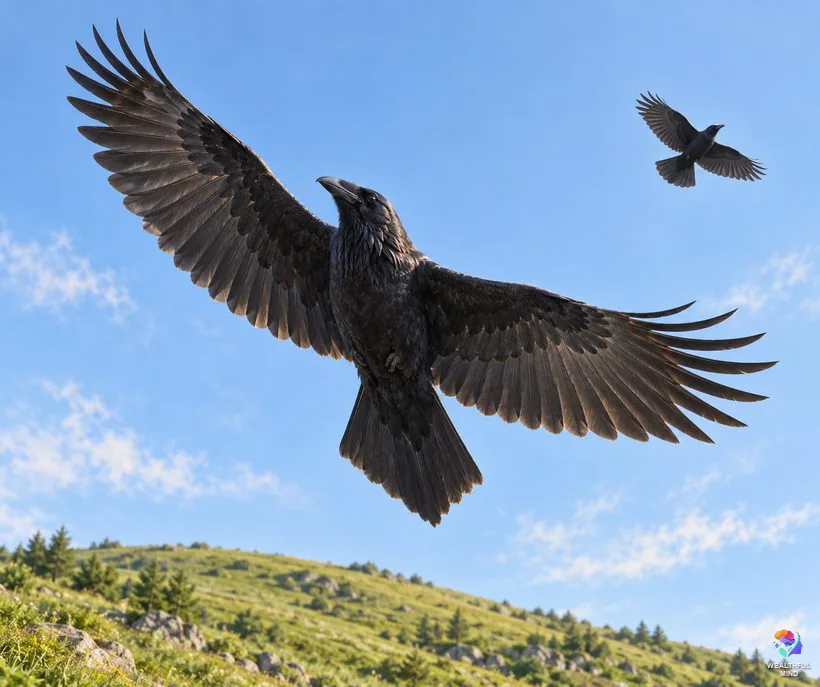 Raven or crow: a Common Raven soaring with a wedge-shaped tail, a smaller crow with a rounded tail in the distance