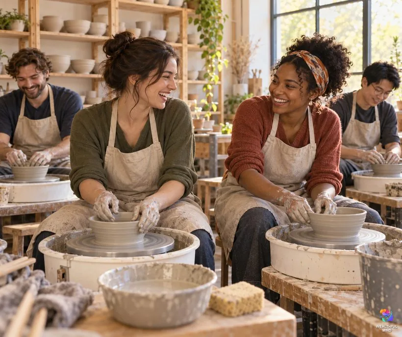 Real ways teens and adults make friends: young adults chatting and laughing at a weekly pottery class