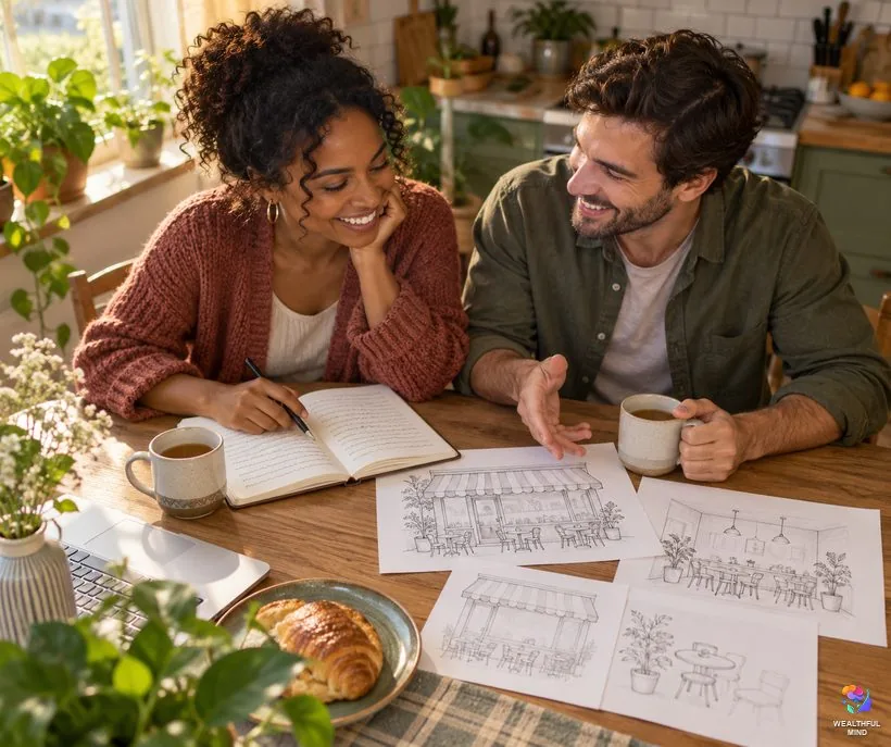 A realist and a visionary as a couple: two partners planning a small cafe together at the kitchen table