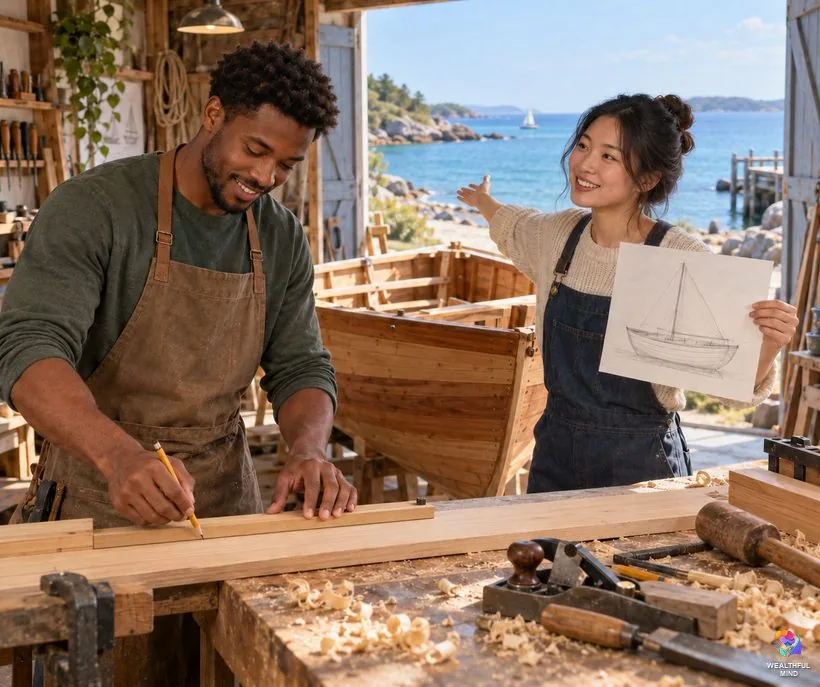 Why realists and visionaries need both: two young people building a boat, one measuring and one sketching the sails