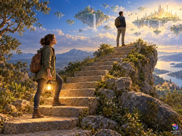 Realist vs visionary: a young woman with a lantern on solid steps and a young man gazing at a glowing future city