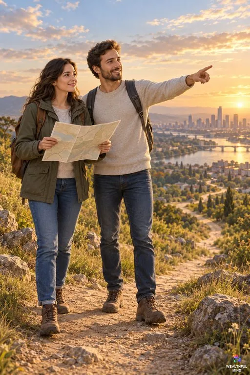 Realist vs visionary: a young woman checking a map beside a young man pointing at a distant city on the horizon