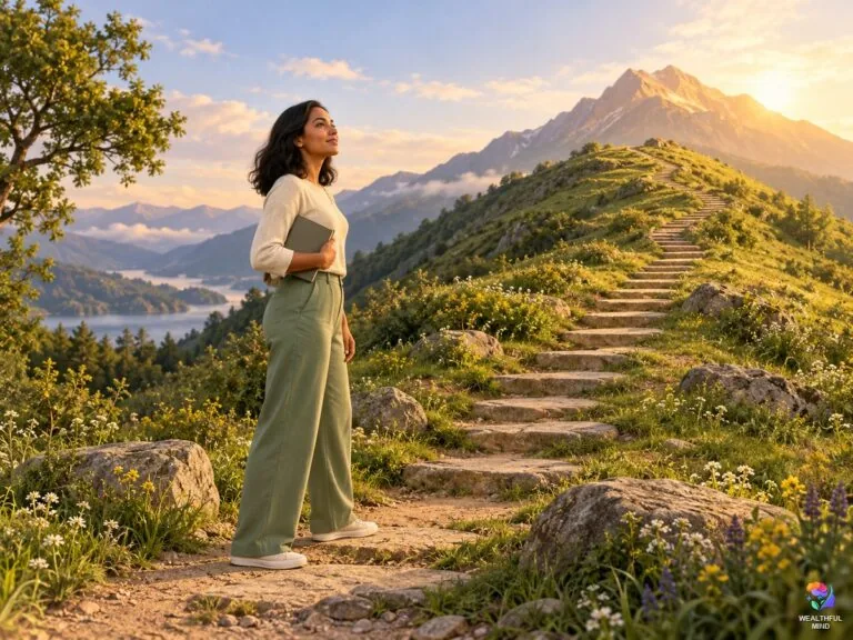 Why is it important to set realistic goals: a young woman at the foot of a hill, looking up a stepping stone path to the summit