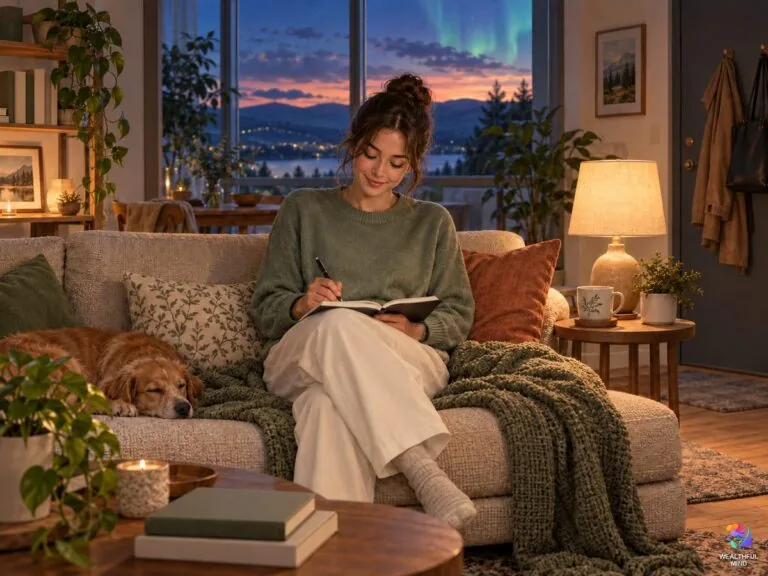 Adult shifter writing in a notebook on her sofa in the evening, a work bag by the door