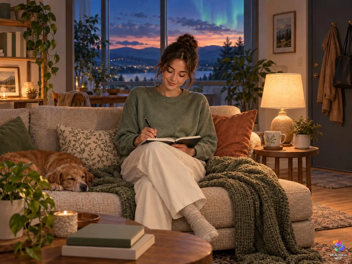 Adult shifter writing in a notebook on her sofa in the evening, a work bag by the door