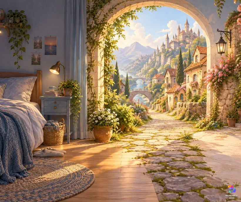 Current reality and desired reality: an ordinary bedroom joined by a glowing archway to a magical town