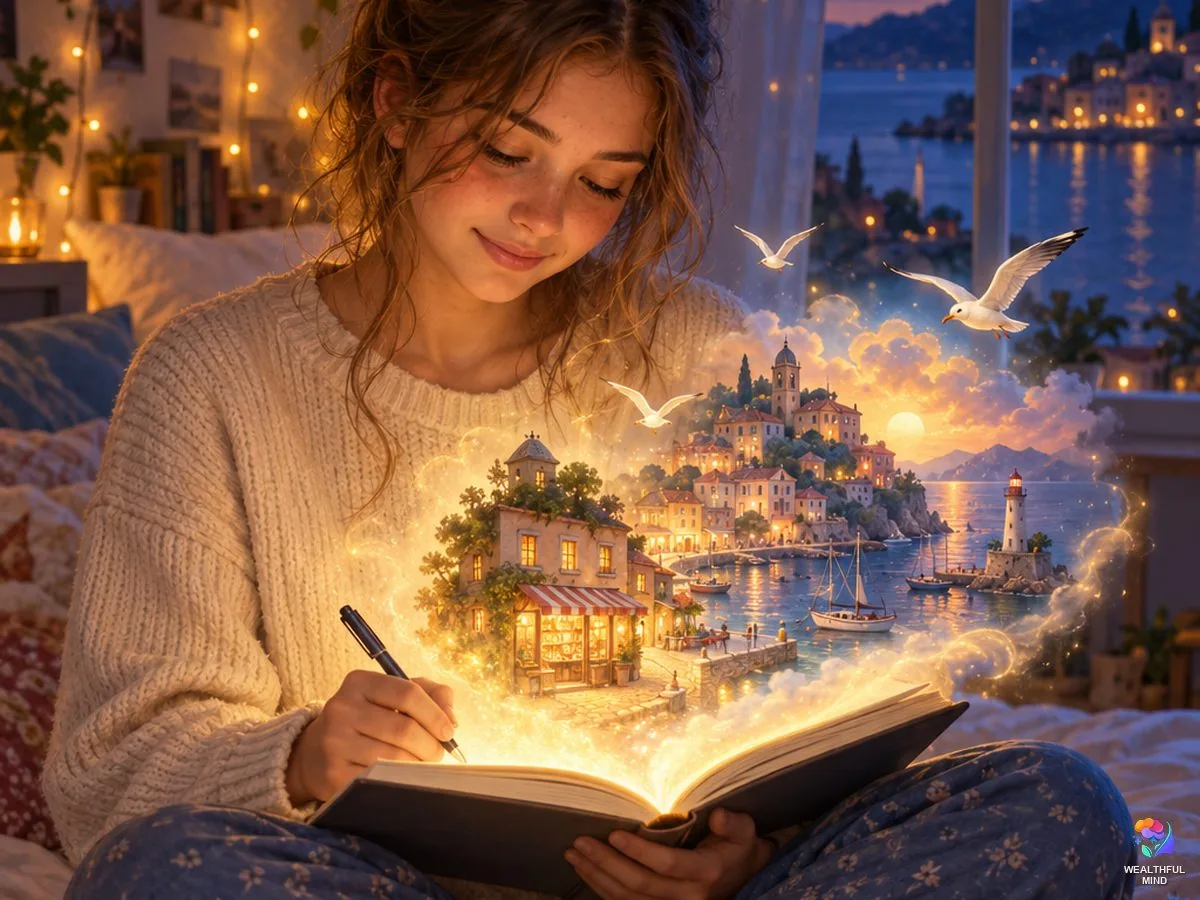 Reality shifting script template: a teenager writing her script in a notebook as a glowing seaside town rises from the pages