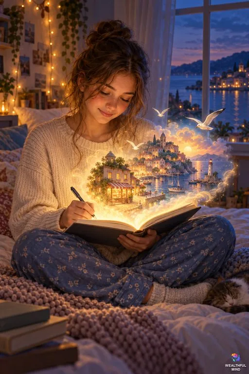 Reality shifting script template: a teenager writing her script in a notebook as a glowing seaside town rises from the pages