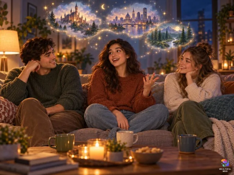 Reality shifting stories: friends sharing shifting experiences on a sofa, with dreamlike worlds floating above them