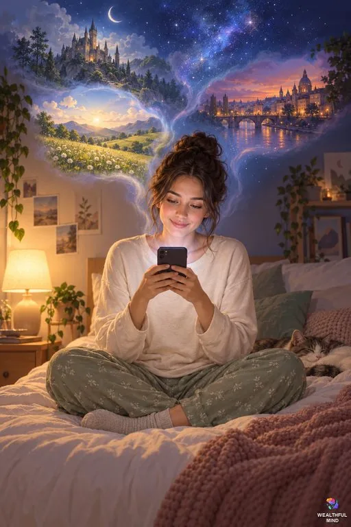 Reality shifting stories: a young woman reading shifters' accounts on her phone at night, with dreamlike scenes of other worlds rising from the screen