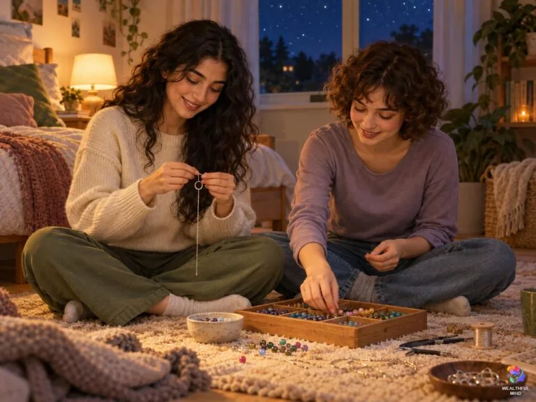 Reality shifting symbol: two young friends making a pendant necklace together on a bedroom rug at night
