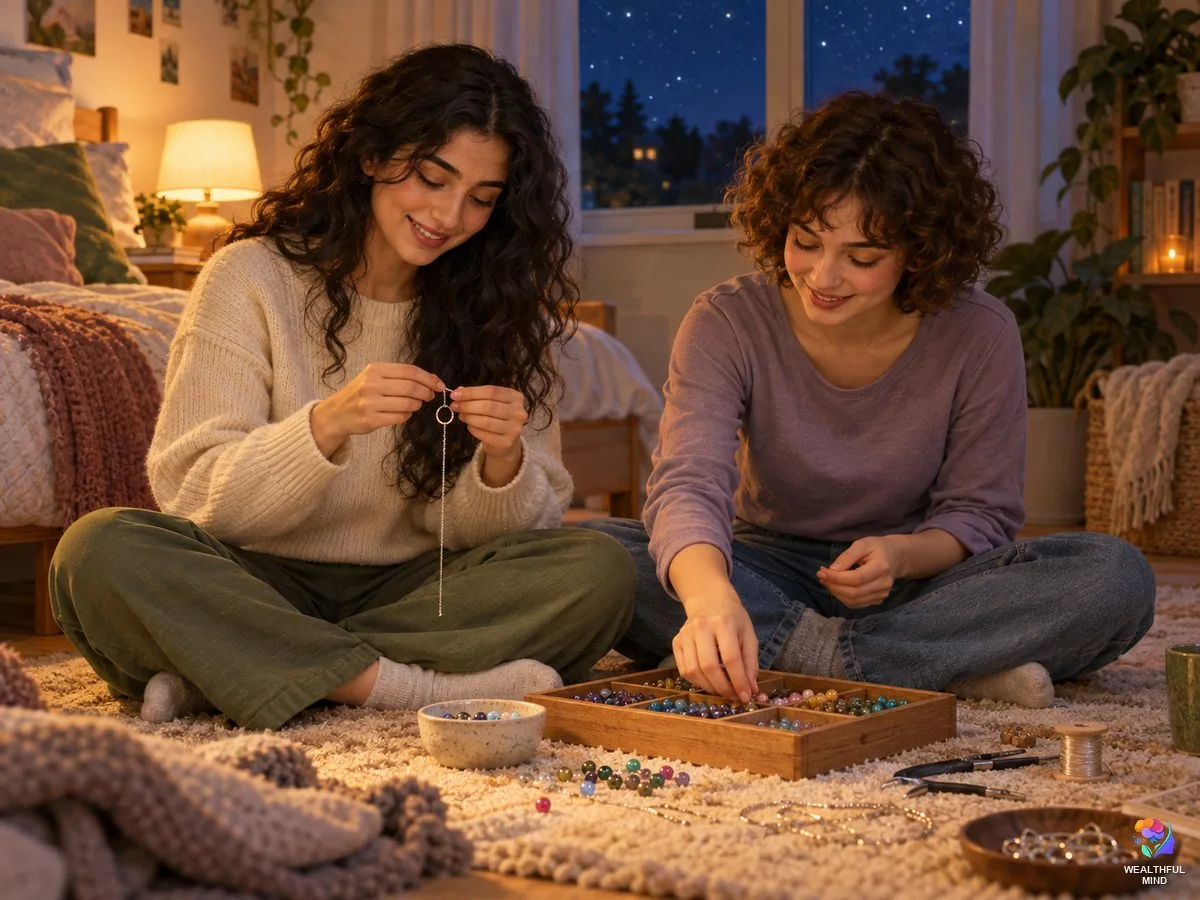 Reality shifting symbol: two young friends making a pendant necklace together on a bedroom rug at night