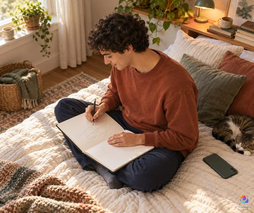 Where the reality shifting symbol came from: a young artist sketching curving lines in a sketchbook on his bed