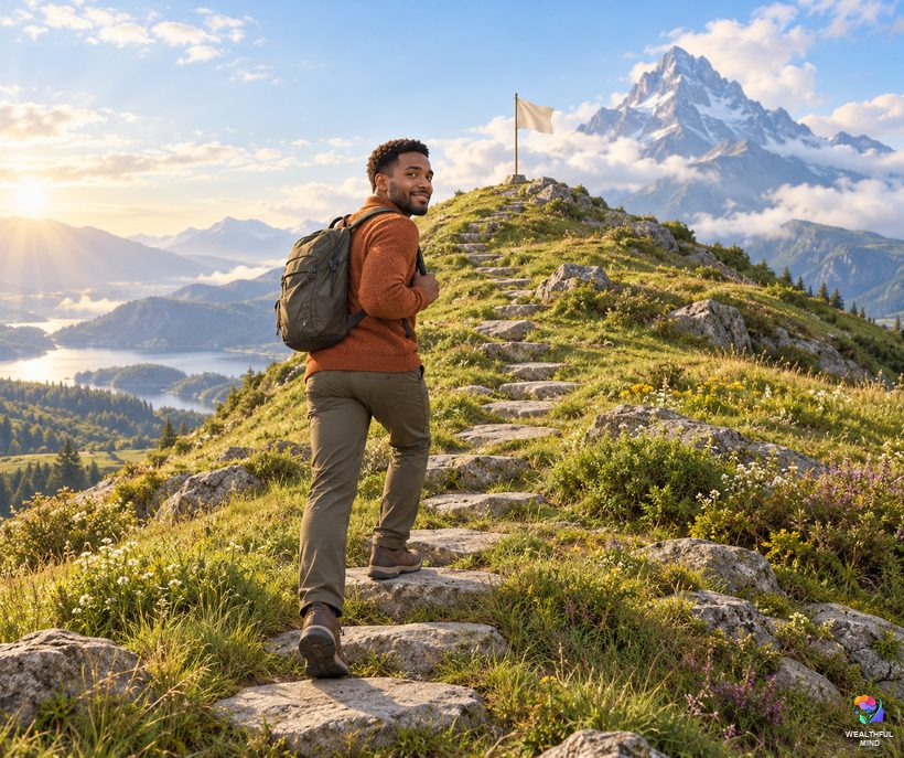 Reasons to set realistic goals: a young man climbing stepping stones towards a reachable hilltop, a taller peak far behind