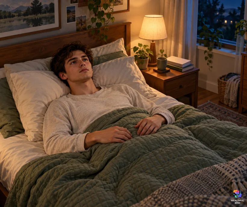 Reasons you haven't shifted yet: a young man lying awake and a little tense in his softly lit bedroom