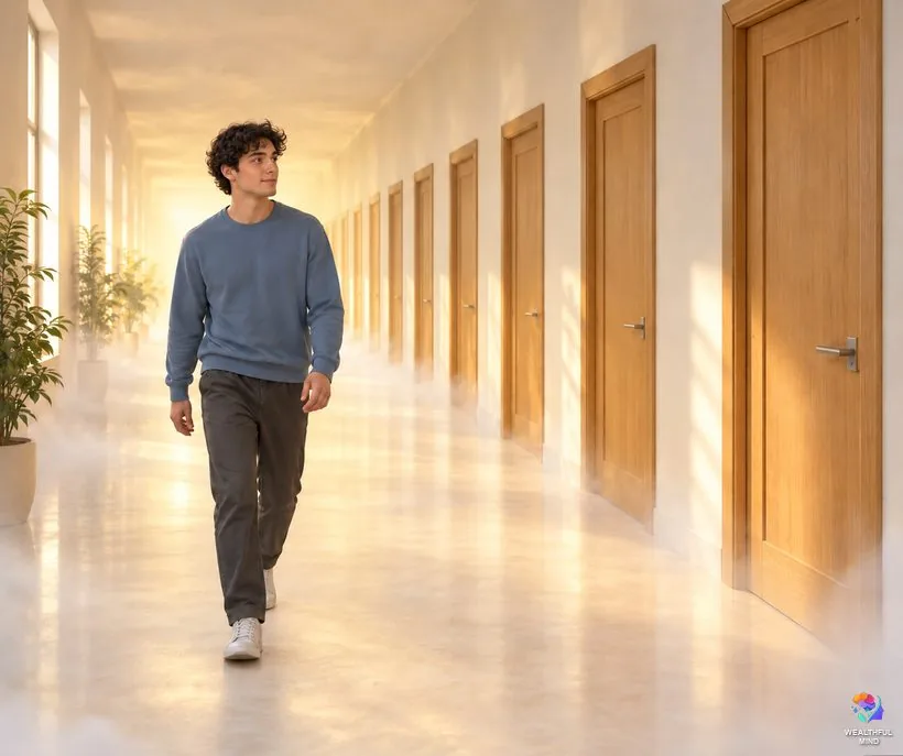 Recurring dream meaning: a young man walking calmly down a dreamlike hallway where the same door repeats