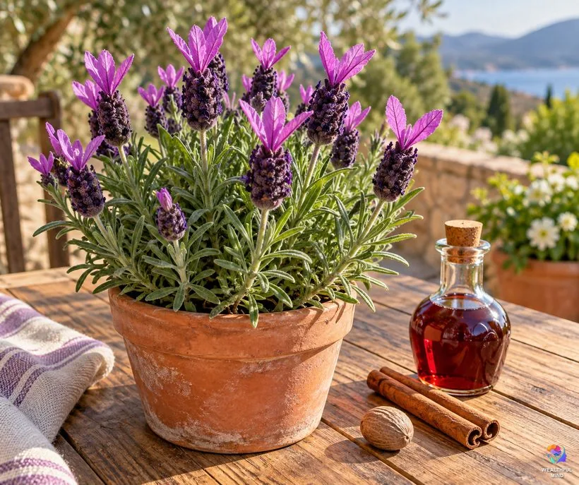 Red lavender spiritual uses: Spanish lavender with pink bracts beside a bottle of old red lavender tincture, cinnamon and nutmeg
