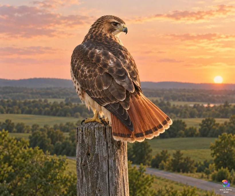 Red-tailed hawk meaning: an adult red-tail with its brick-red tail fanned on a roadside pole at sunset