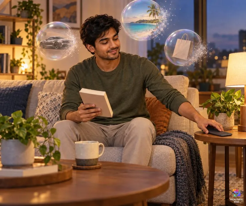 Release money blocks by quieting comparison: a young man putting his phone away as glossy lifestyle bubbles fade