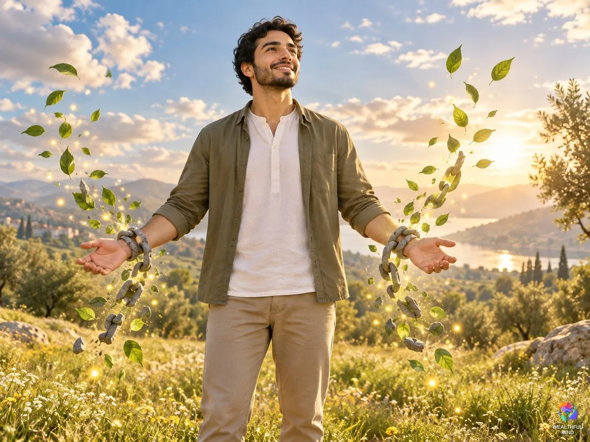Release money blocks: a young man smiling as heavy grey chains fall away and turn into leaves and golden light
