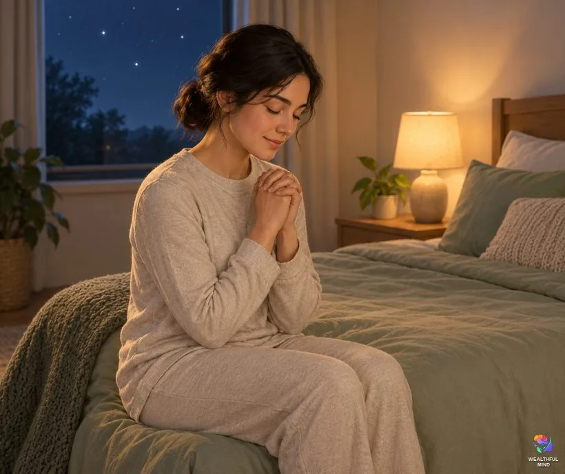 Right ear ringing at night or during prayer: a young woman praying quietly on her bed by lamplight