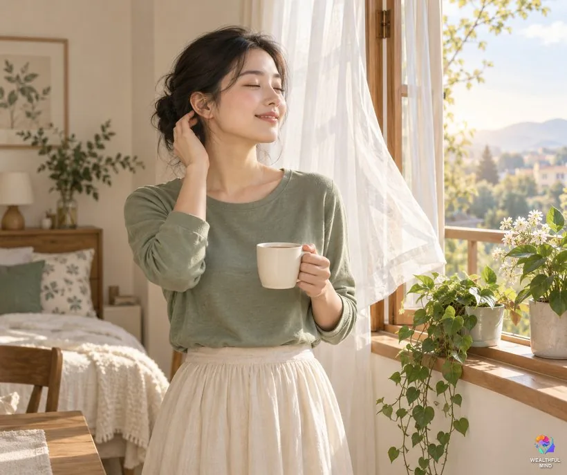 Right ear ringing female meaning: a young woman at a morning window with tea, hand near her right ear, calm