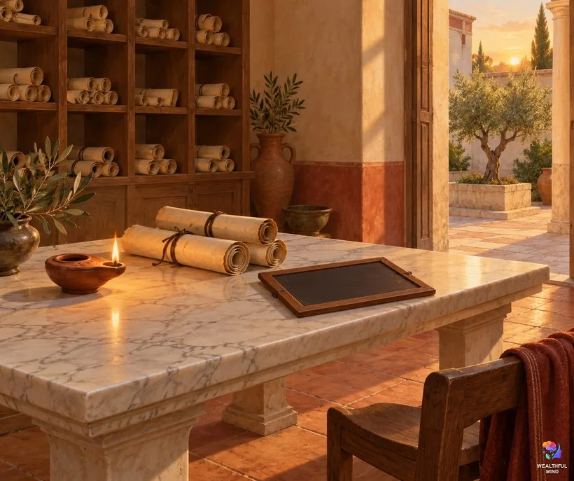 Right ear ringing meaning origins: a quiet ancient Roman study with closed scrolls and an oil lamp