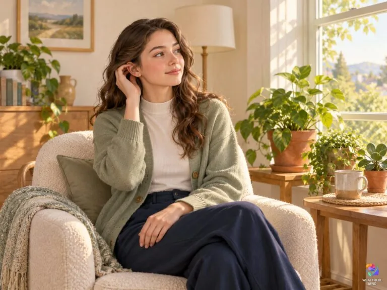 Right ear ringing spiritual meaning: a young woman by a sunny window with a hand near her right ear, smiling