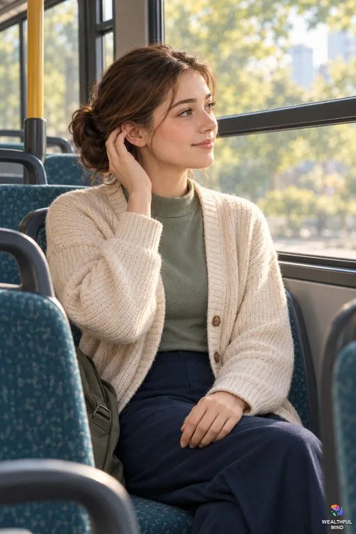 Right ear ringing spiritual meaning: a young woman on a bus with a hand near her right ear, listening calmly