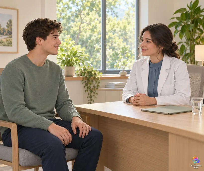 Right ear ringing, when to see a doctor: a young man talking calmly with a friendly doctor in a bright office