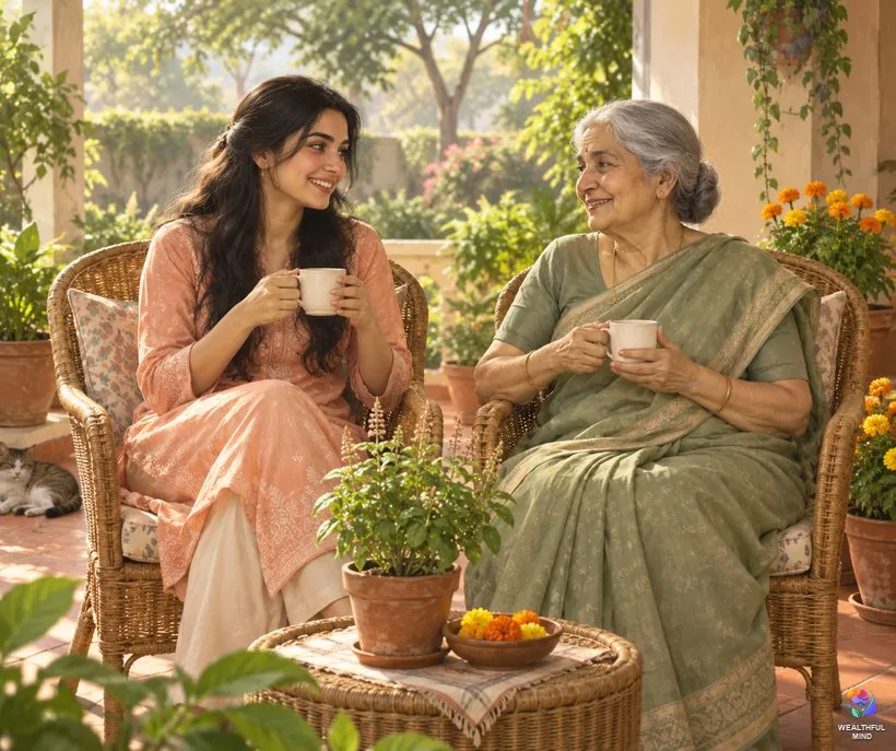 Right eye twitching for females: a young Indian woman talking warmly with her grandmother over tea on a veranda