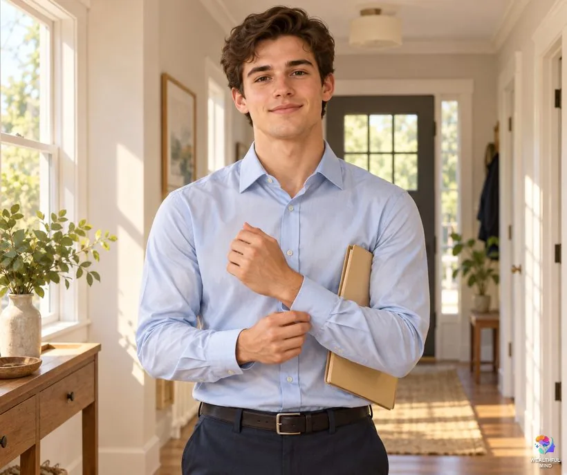 Right eye twitching for males: a young man in a neat shirt getting ready for an interview with a small smile