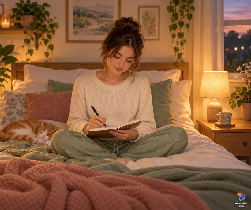 Right eye twitching good luck or bad luck: a young woman calmly writing in a notebook on her bed in lamplight