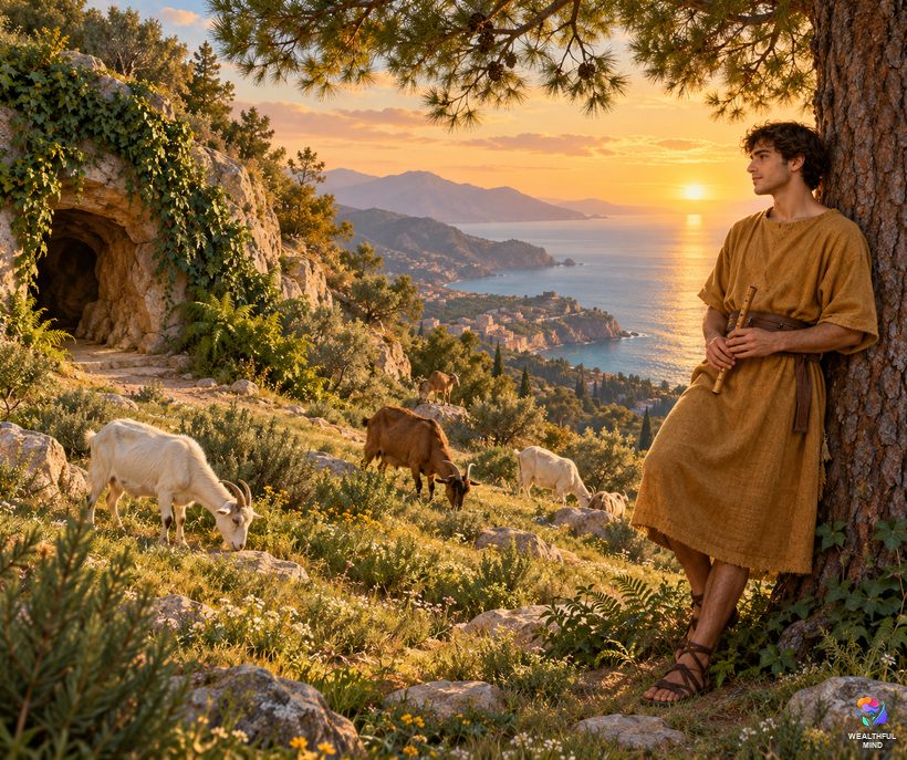Right eyelid and love: a young Greek goatherd leaning on a pine tree, looking hopefully toward an ivy-covered cave